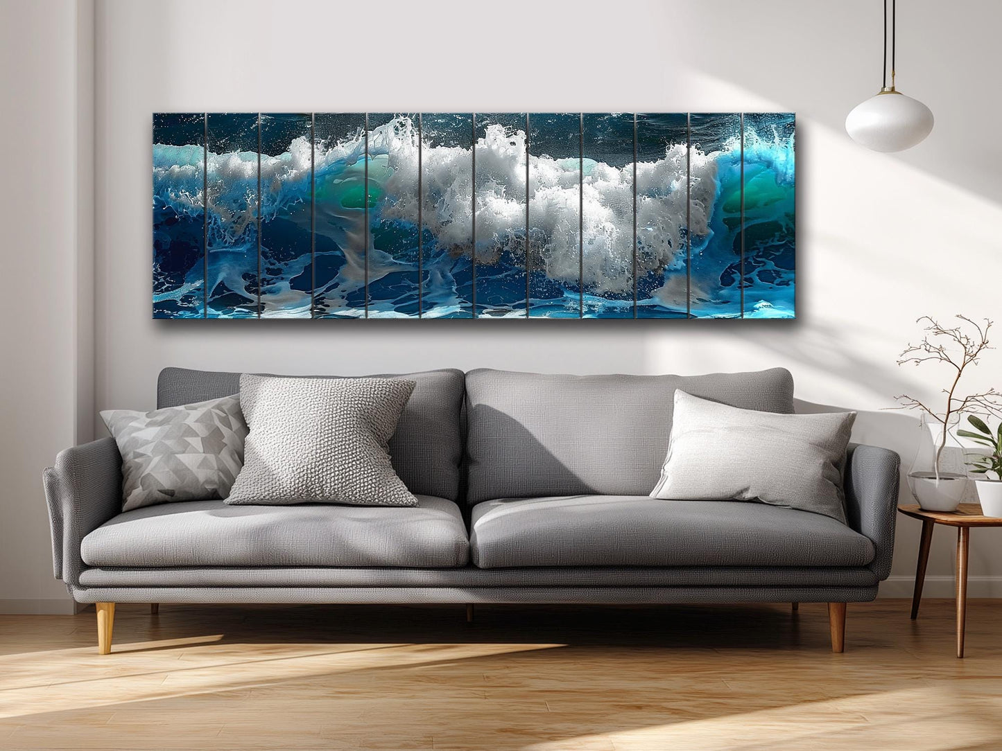 Ocean Wall Decor - Natural Wood Art with Deep Blue Ocean Waves Print, Ready to Hang