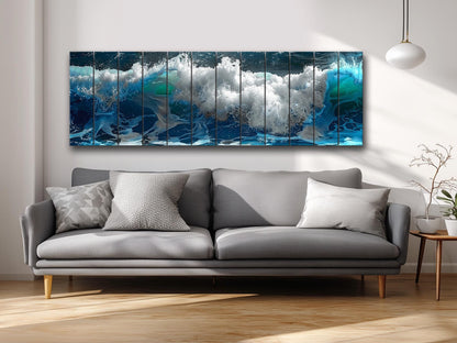 Ocean Wall Decor - Natural Wood Art with Deep Blue Ocean Waves Print, Ready to Hang