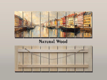 Copenhagen Harbor Wood Print – Rustic Wall Art with Colorful Building Art on Distressed Wood