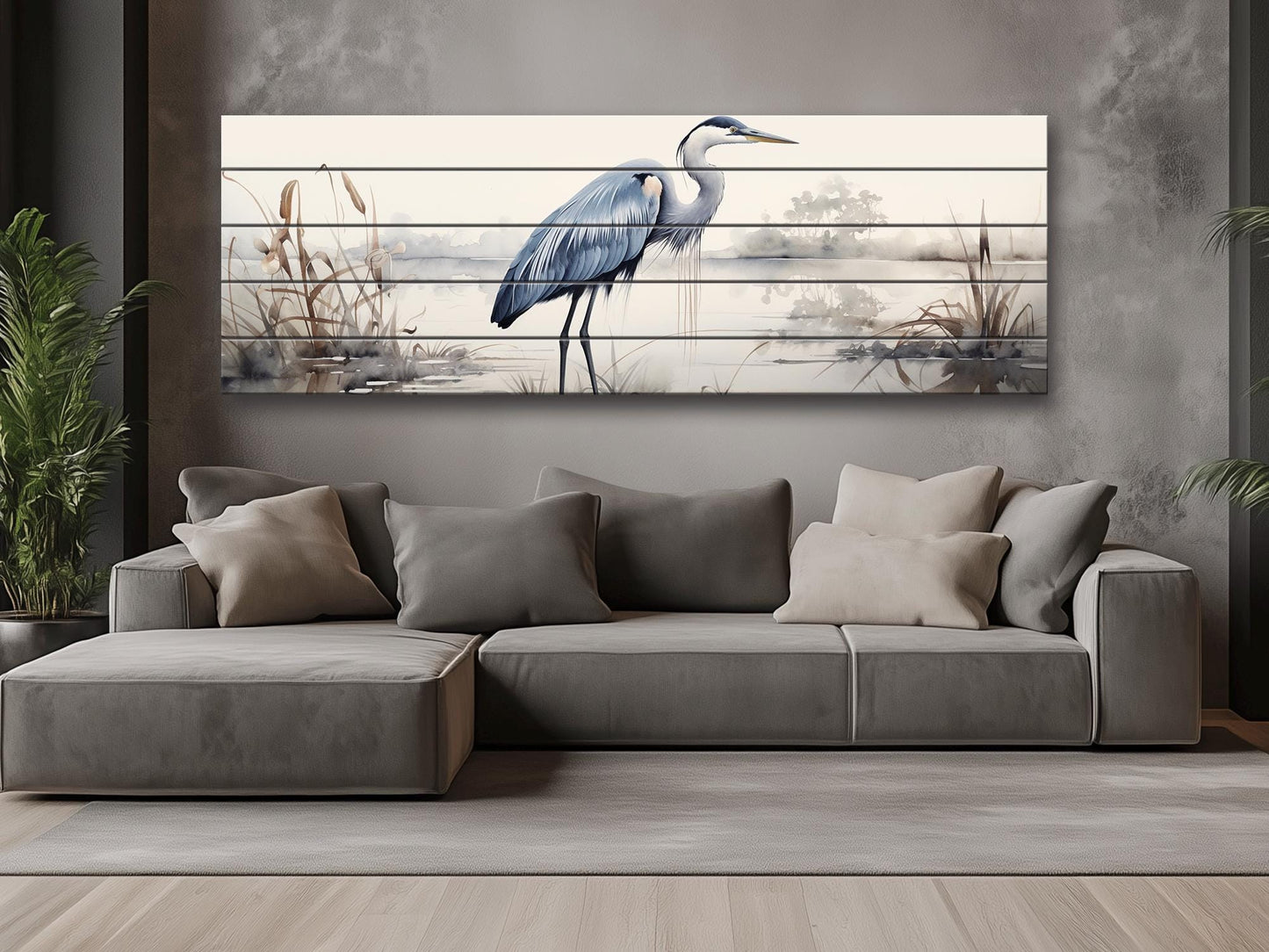 Rustic Heron Wall Art – Wooden Bird Print on Natural Wood Plank Artwork