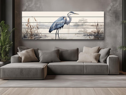 Rustic Heron Wall Art – Wooden Bird Print on Natural Wood Plank Artwork
