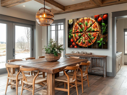 Pizza Wall Art - Colorful Pizza Print on Wood | Rustic Kitchen Wall Decor