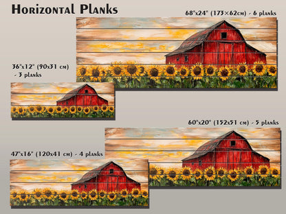 Rustic Wood Print – Sunflowers Field Art with Old Barn on Natural Wood Planks