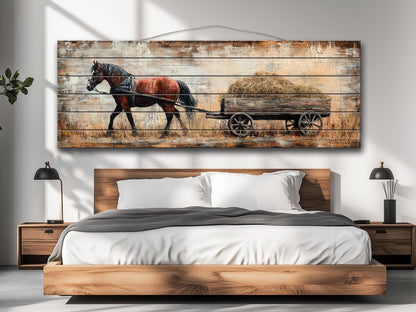 Rustic Wood Wall Art - Brown Horse Pulling Wooden Cart with Hay Printed on Natural Wood, Farm Horse Painting, Cabin Wall Decor