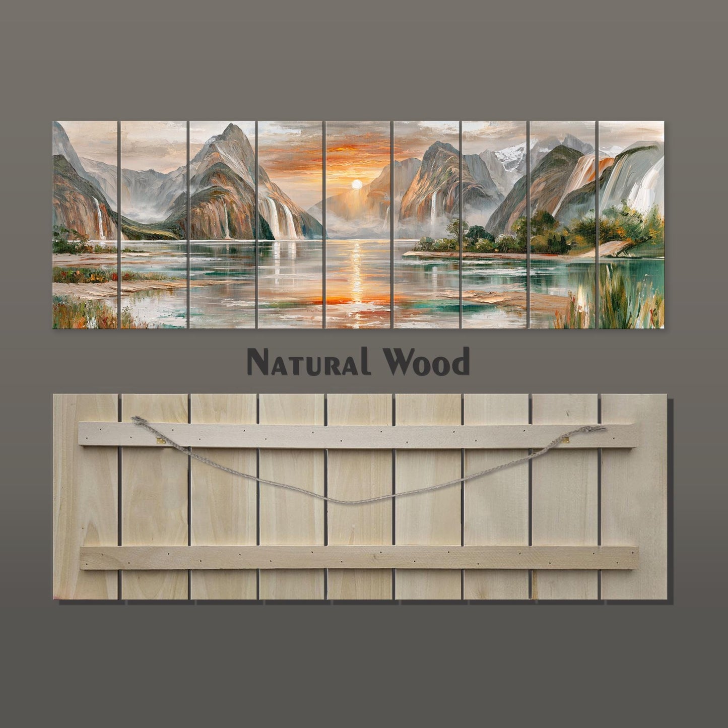 The image is a collage of multiple images depicting a serene natural landscape with mountains, water, and a sunset. The collage is titled "Natural Wood" and is displayed on a wooden board.