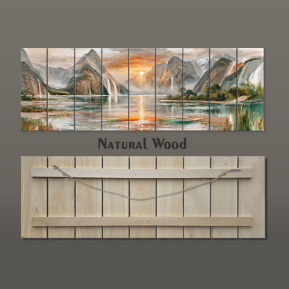 The image is a collage of multiple images depicting a serene natural landscape with mountains, water, and a sunset. The collage is titled "Natural Wood" and is displayed on a wooden board.