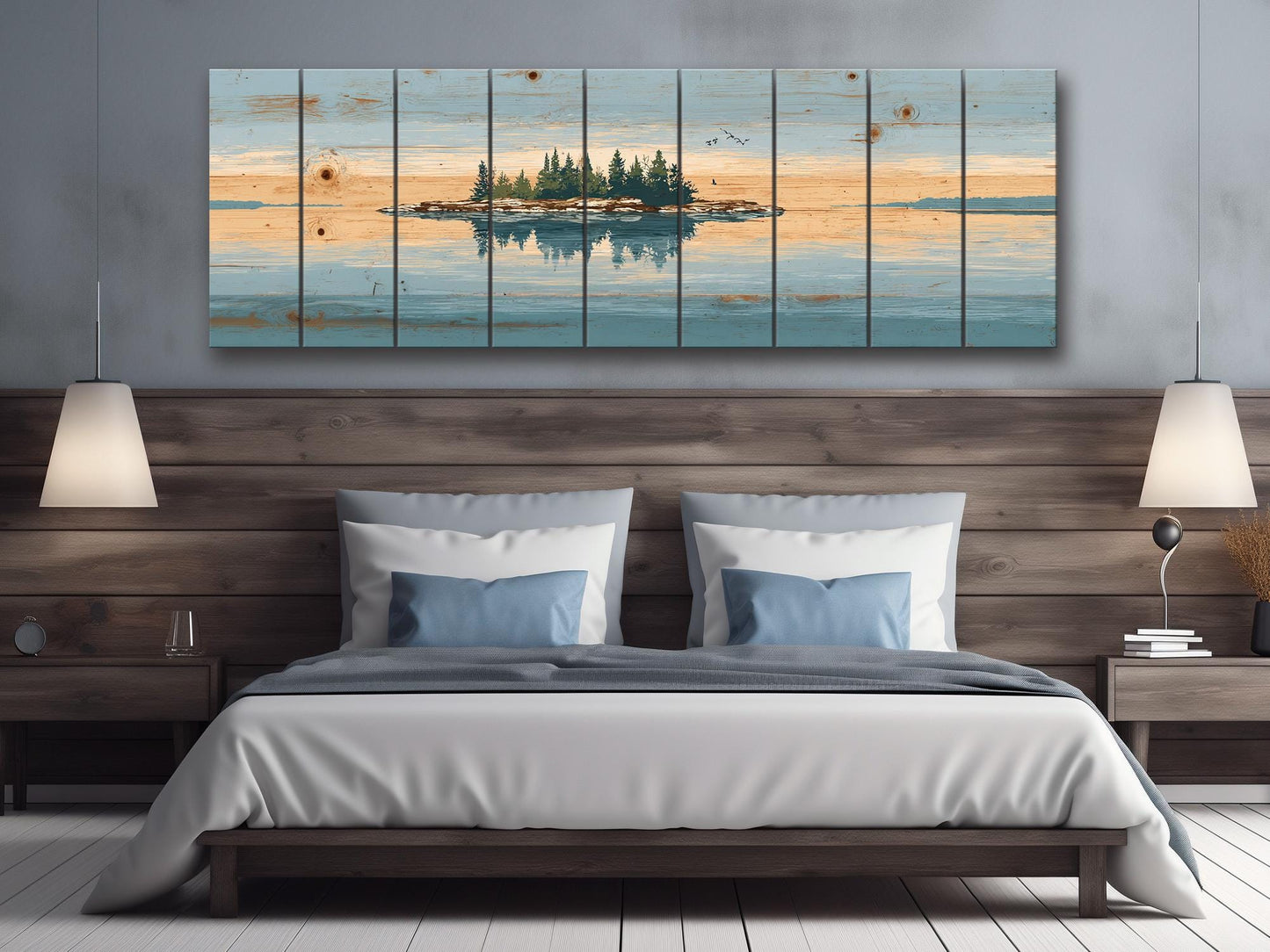 Lake Island Wood Art – Rustic Wood Wall Art with Serene Lake Landscape