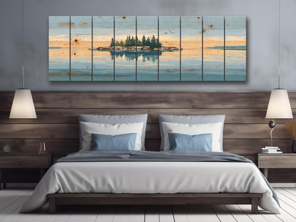Lake Island Wood Art – Rustic Wood Wall Art with Serene Lake Landscape