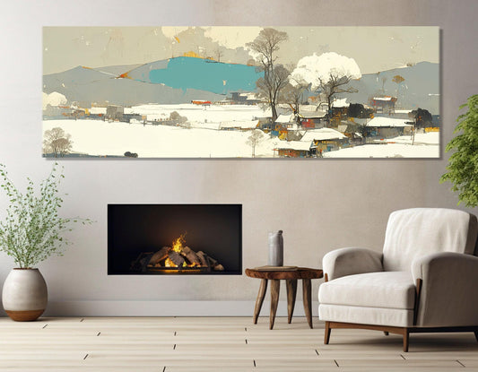 Modern Chinese Painting Canvas Print, Abstract Winter Landscape, Contemporary Chinese Wall Art, Asian Village, Framed and Ready to Hang