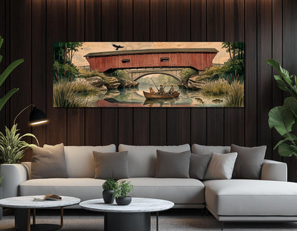 Narrows Bridge Canvas Print, Panoramic Covered Bridge Painting, Large River Wall Art, Framed and Ready to Hang