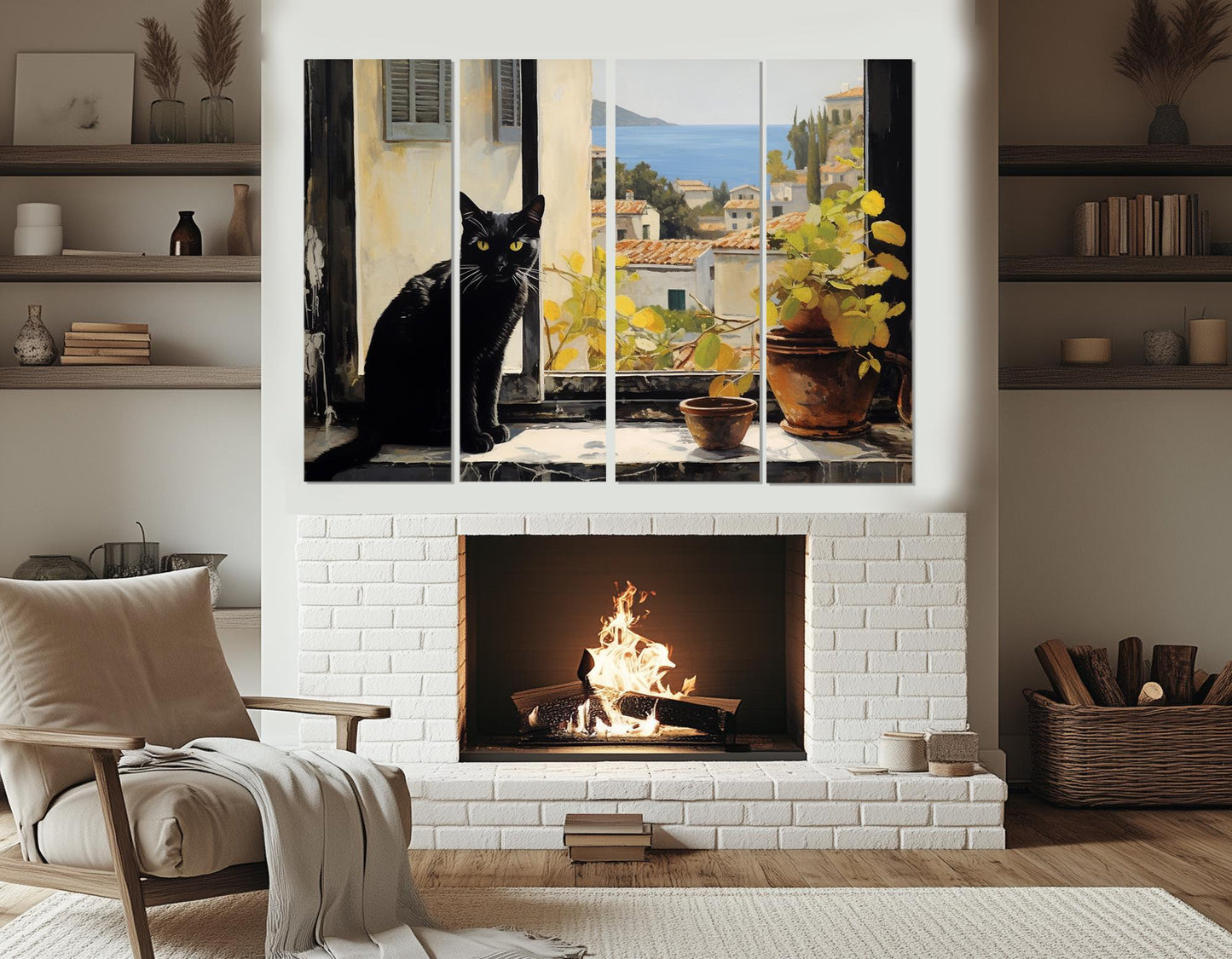 Mediterranean Canvas Print – Black Cat Window View | Italian Cat Painting, Framed Art