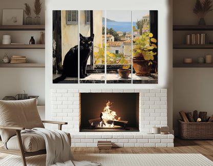 Mediterranean Canvas Print – Black Cat Window View | Italian Cat Painting, Framed Art