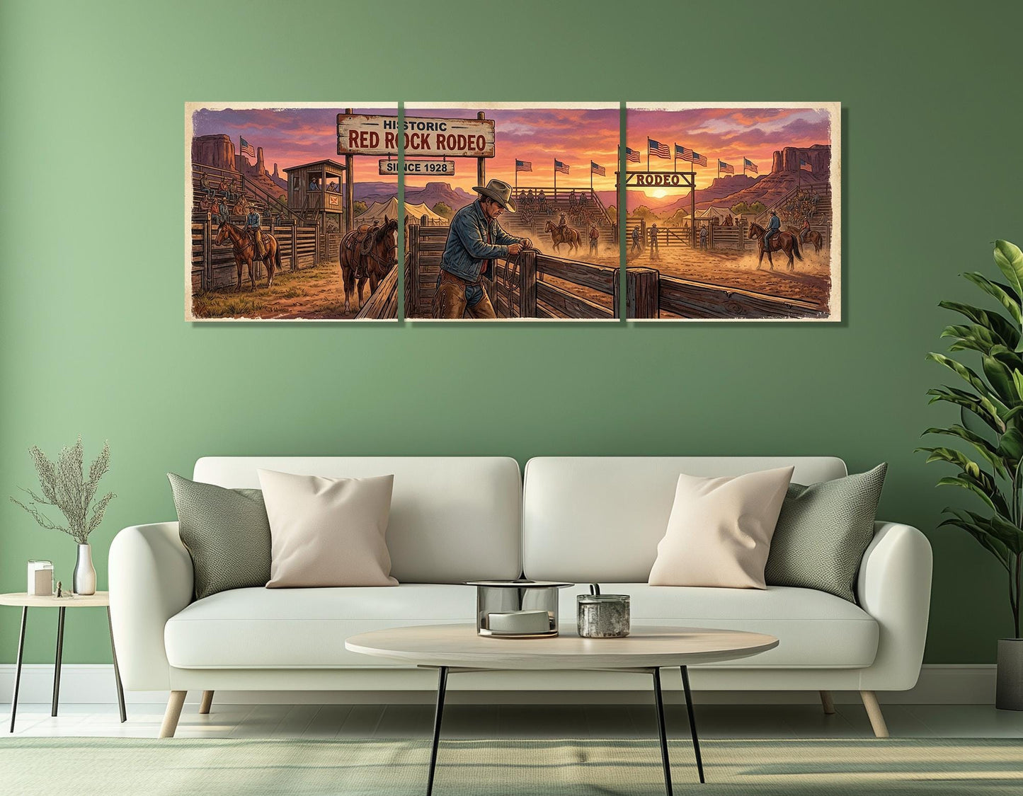 Rodeo Canvas Print, Panoramic Cowboy Arena Painting, Large Western Wall Art, Framed and Ready to Hang