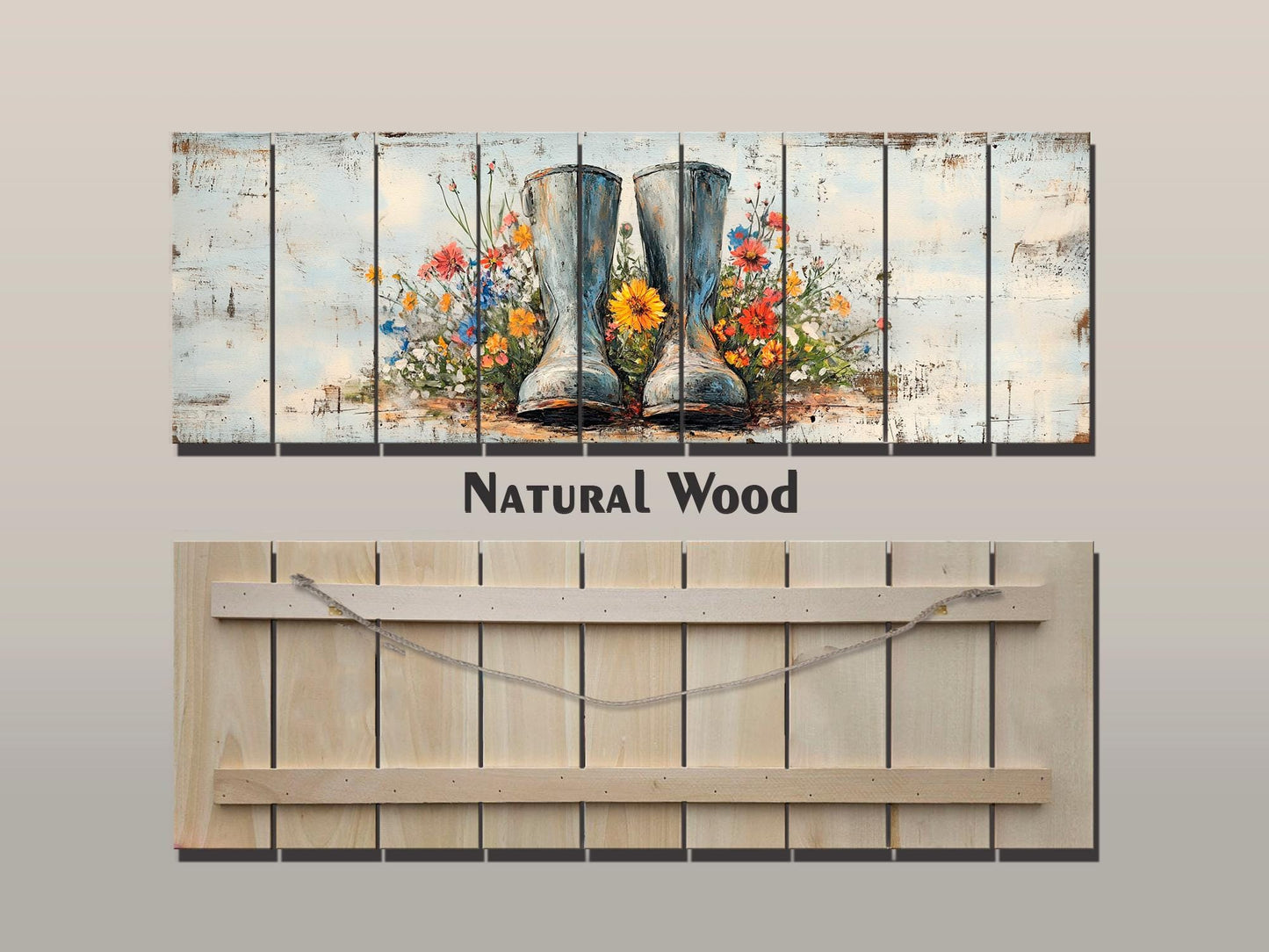 Rustic Wood Wall Art – Rain Boots Wall Art With Wildflowers Wood Print | Cozy Cabin Decoration