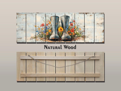 Rustic Wood Wall Art – Rain Boots Wall Art With Wildflowers Wood Print | Cozy Cabin Decoration