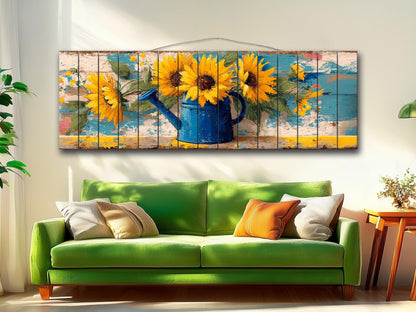 Sunflowers Wood Art - Handcrafted Rustic Wood Wall Art with Weathered Watering Can Print