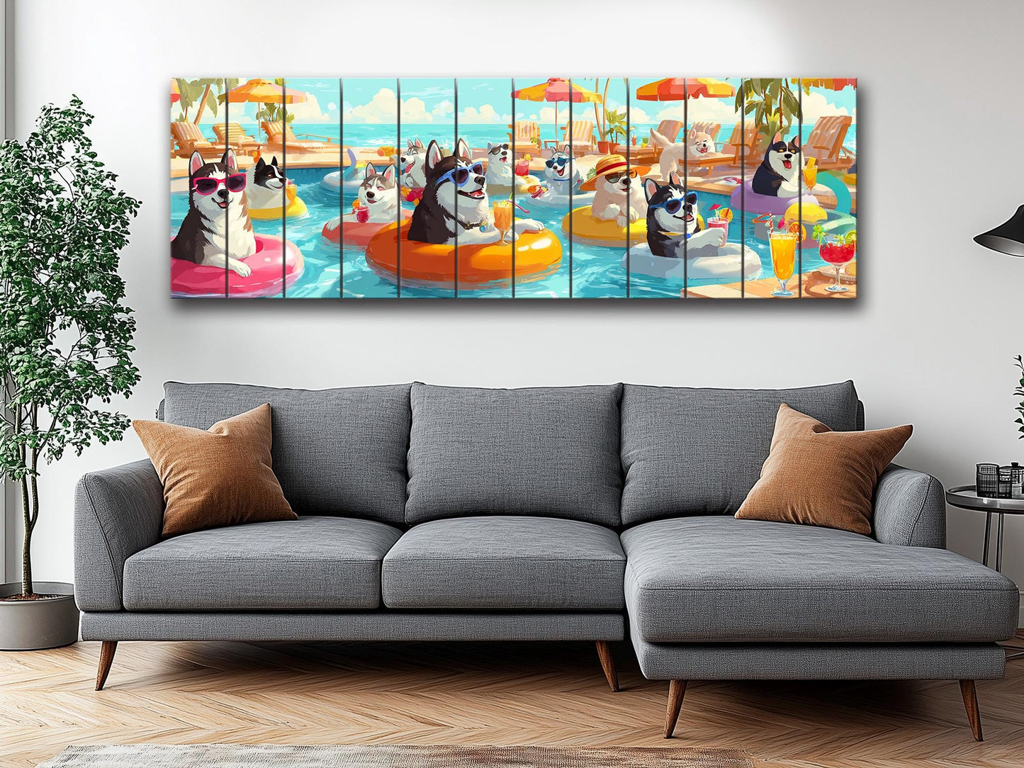 Funny Husky Wall Art – Playful Pool Party Print on Rustic Wood Decor