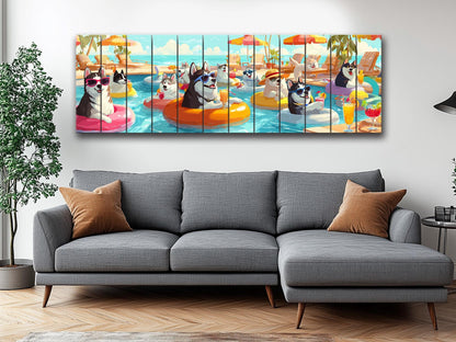 Funny Husky Wall Art – Playful Pool Party Print on Rustic Wood Decor
