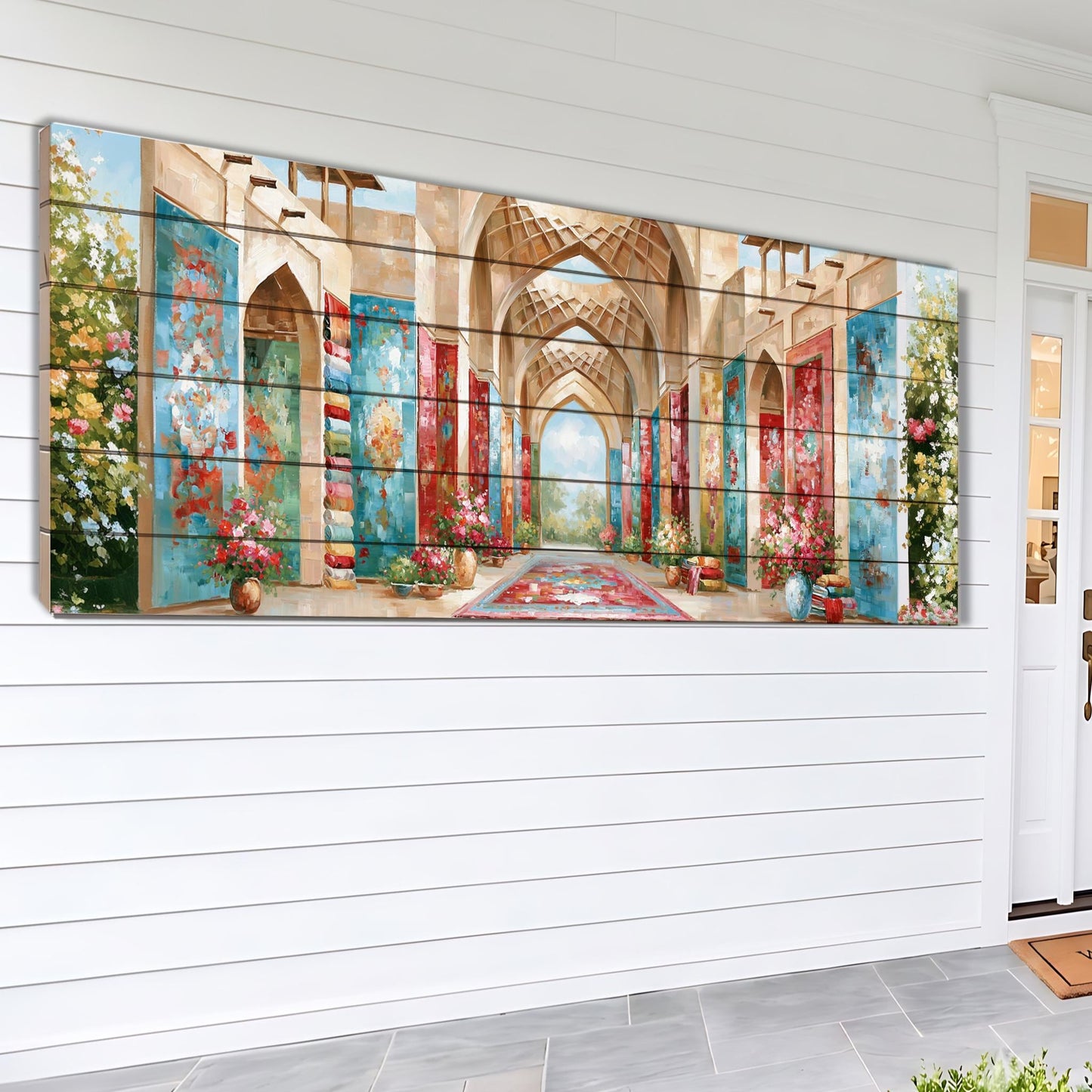 The image is a large, colorful painting depicting an ornate, arched hallway with intricate architectural details and vibrant floral decorations.