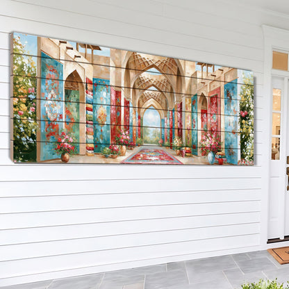 The image is a large, colorful painting depicting an ornate, arched hallway with intricate architectural details and vibrant floral decorations.