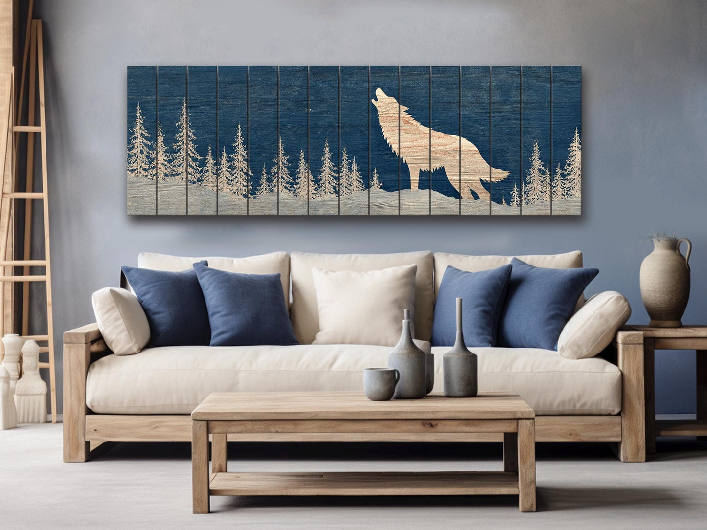 Wolf Silhouette in Snowy Forest Print on Natural Wood, Rustic Howling Wolf Wall Art