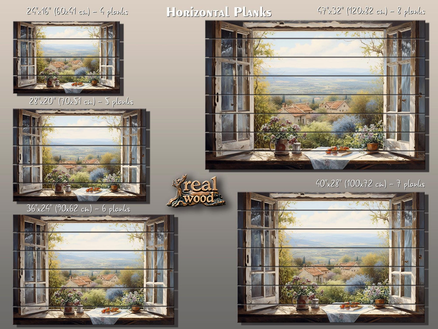 Balkan Landscape Wood Art – Rustic Natural Wood Wall Decor with Window View Painting