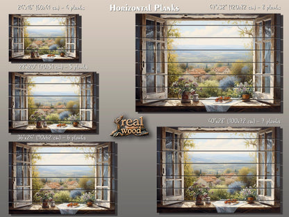 Balkan Landscape Wood Art – Rustic Natural Wood Wall Decor with Window View Painting