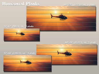 Helicopter Wall Art - Sunset Helicopter Print on Natural Wood | Ready to Hang Rustic Decor