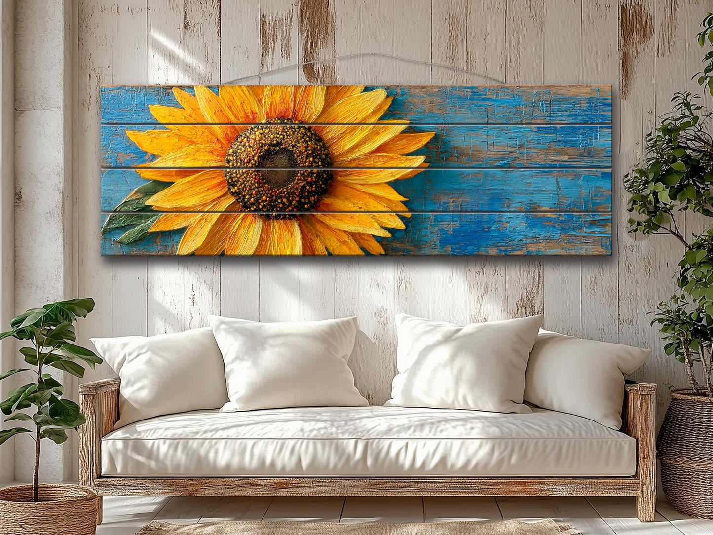 Rustic Wood Wall Art - Large Sunflower Wooden Floral Print | Cozy Farmhouse Decor