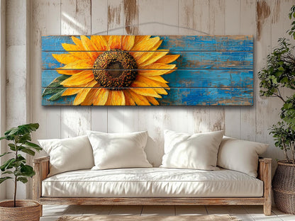 Rustic Wood Wall Art - Large Sunflower Wooden Floral Print | Cozy Farmhouse Decor