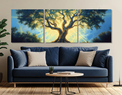 Abstract Glowing Tree Canvas Print, Fantasy Tree Painting, Meditation Wall Art, Large Tree in Sun Lights Poster, Framed and Ready to Hang