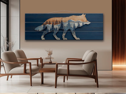 Wolf Silhouette with Forest Print on Natural Wood, Rustic Hunting Wall Art