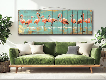 Wood Wall Art – Flock of Graceful Flamingos Print on Natural Wood, Rustic Flamingo Painting, Flamingo Wall Art, Soft Tones Birds Wall Art