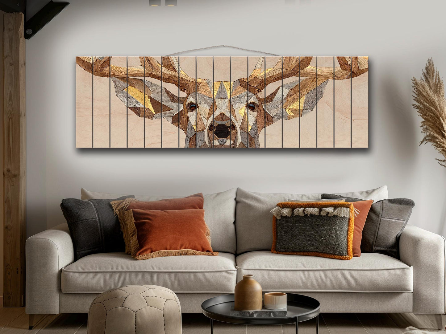 Deer Print Wood | Geometric Deer Art with Gold Accent - Rustic Modern Cabin Decor
