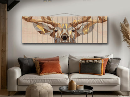 Deer Print Wood | Geometric Deer Art with Gold Accent - Rustic Modern Cabin Decor