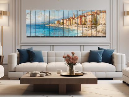 French Riviera Wall Art – Beige Pastel Oil Painting on Wood Planks