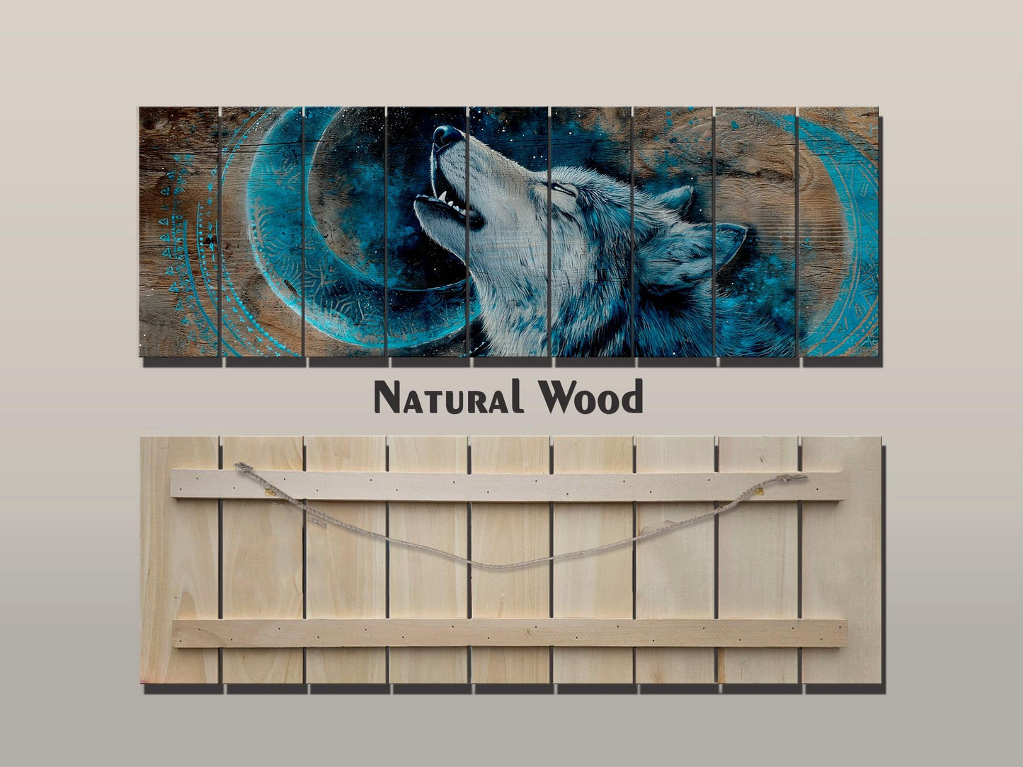 Wolf Howling on Full Moon Print on Natural Wood, Rustic Howling Wolf Painting, Native American Wall Decor, Wolf Wall Art, Tribal Wall Decor