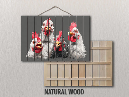 Happy Chickens Wood Print – Rustic Farmhouse Wall Art | Wood Plank Artwork