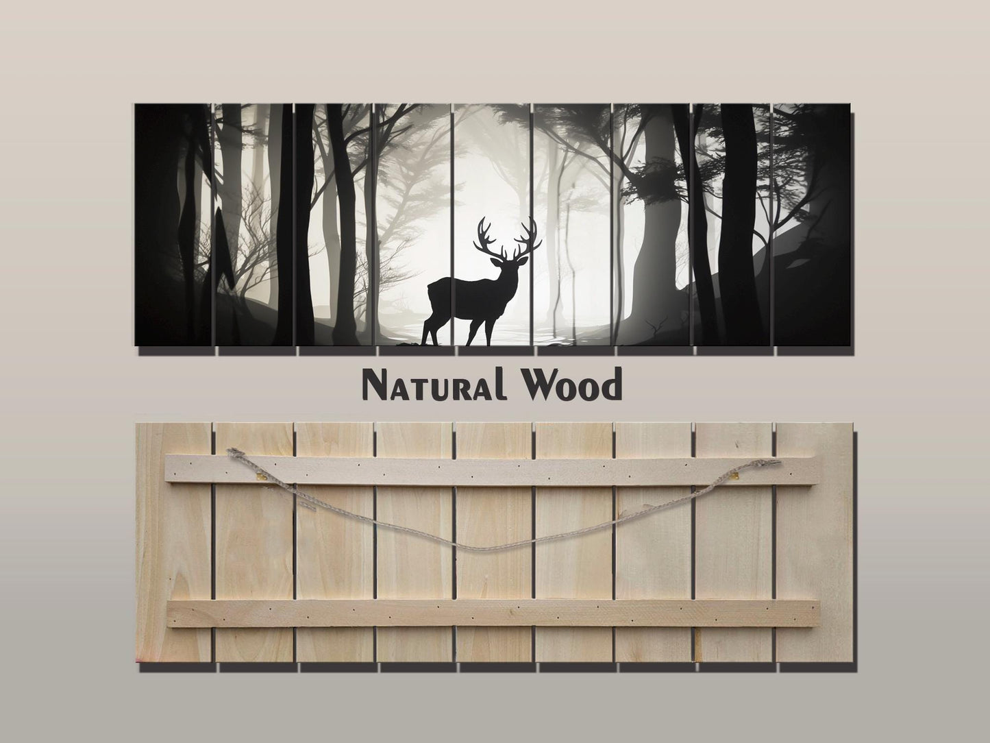 Deer Silhouette in Forest Print On Natural Wood, Woodland Wall Art