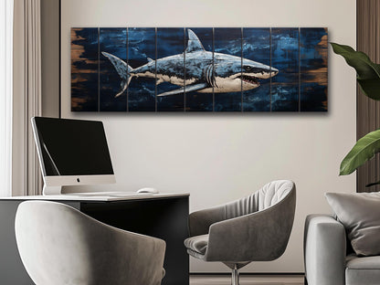 Rustic Shark Painting – Natural Wood Art Print | Coastal Home Decor, Ready to Hang