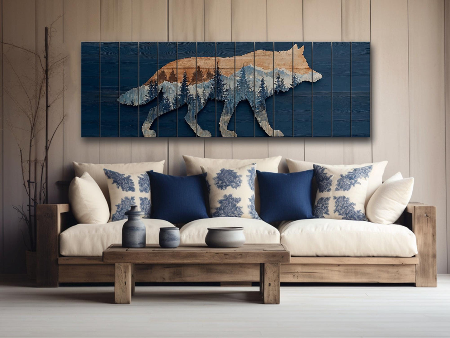 Wolf Silhouette with Forest Print on Natural Wood, Rustic Hunting Wall Art