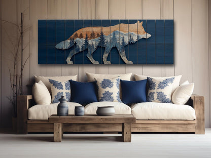 Wolf Silhouette with Forest Print on Natural Wood, Rustic Hunting Wall Art