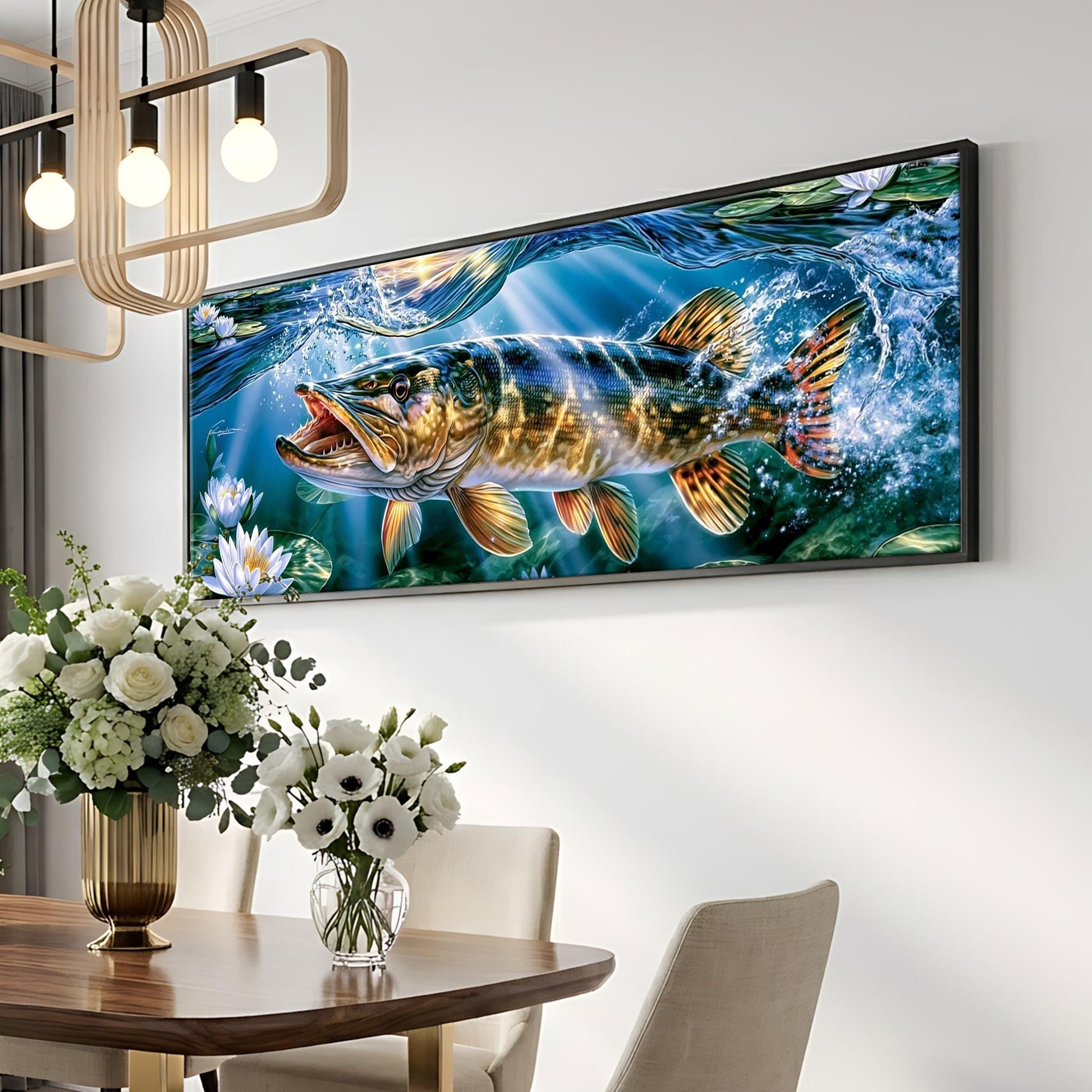 a large framed painting of a fish swimming in water, hanging on a wall above a dining table with a vase of flowers.
