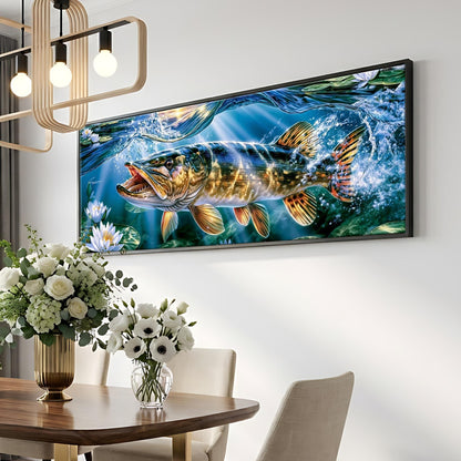 a large framed painting of a fish swimming in water, hanging on a wall above a dining table with a vase of flowers.