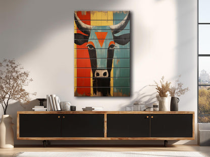 Cow Wall Decor - Abstract Cow Painting on Natural Wood Print | Egyptian Style Decor