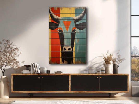 Cow Wall Decor - Abstract Cow Painting on Natural Wood Print | Egyptian Style Decor