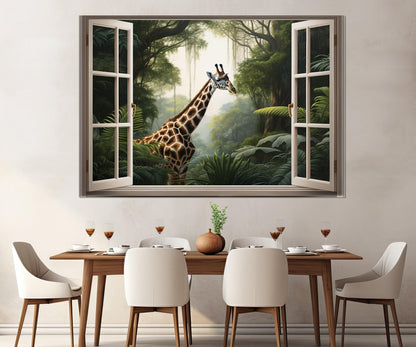 Jungle Window Canvas - African Wall Art Framed Canvas Print With Giraffe View
