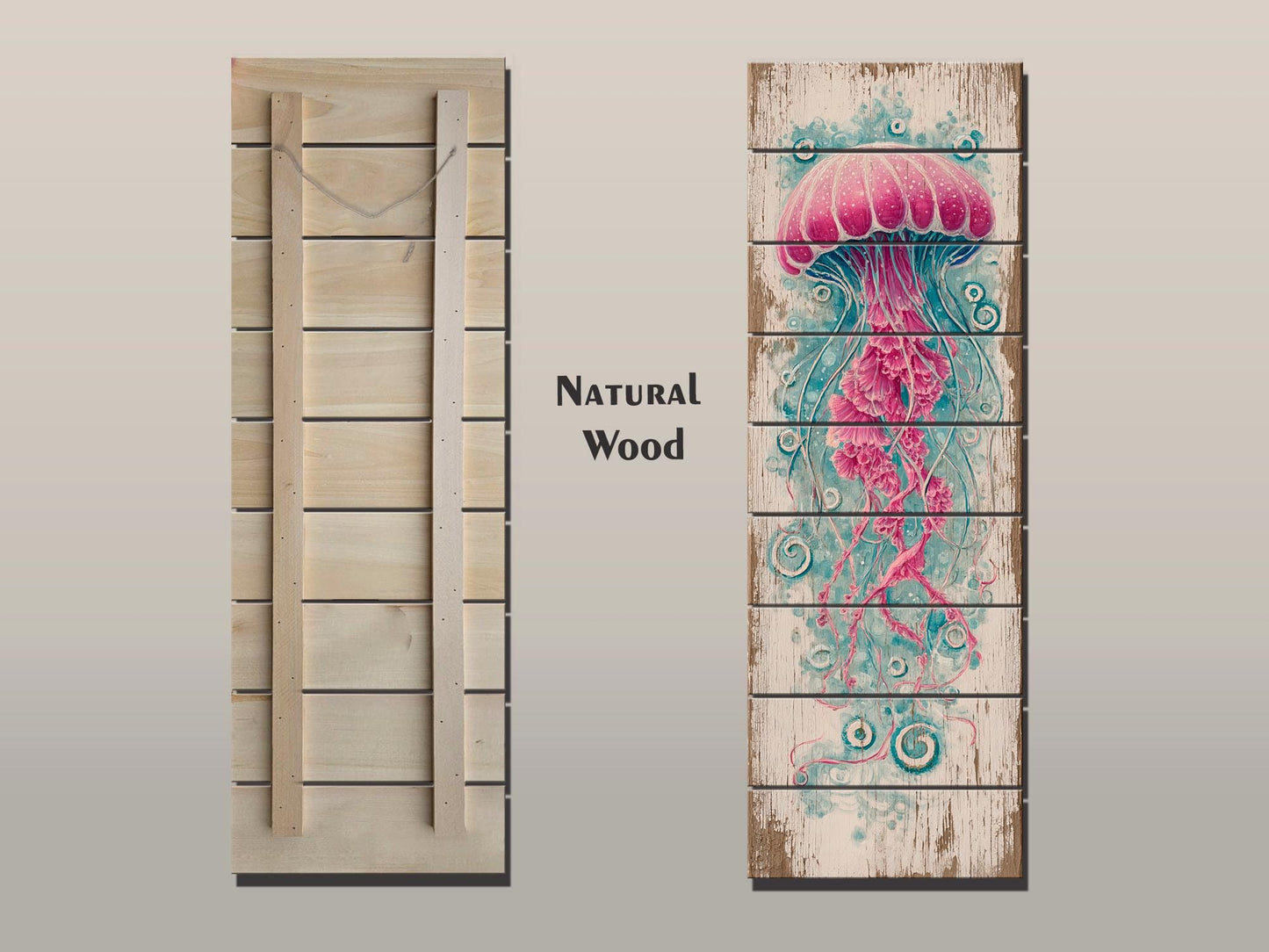 Jellyfish Wood Art – Nautical Wall Art Printed on Natural Wood with Soft Tones