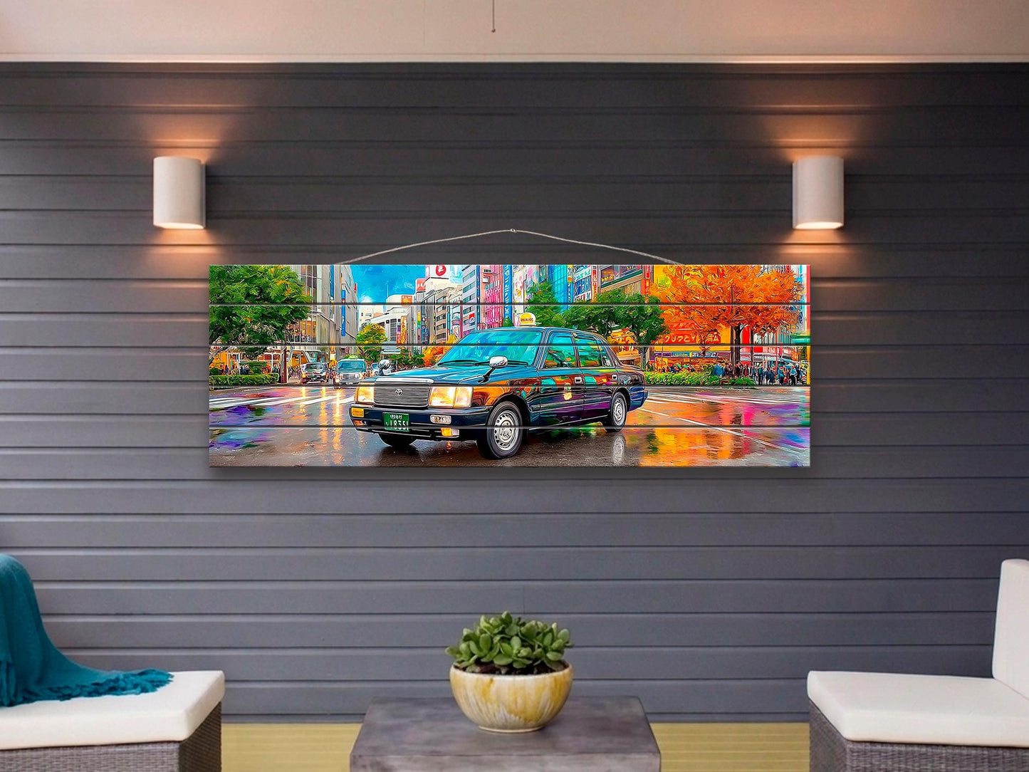 Tokyo Taxi Wood Art, Japanese Street Print