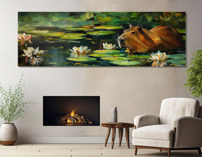 Capybara in the Lake with Water Lilies Painting Canvas Print, Modern Wall Art, Abstract Capybara Painting, Framed and Ready to Hang